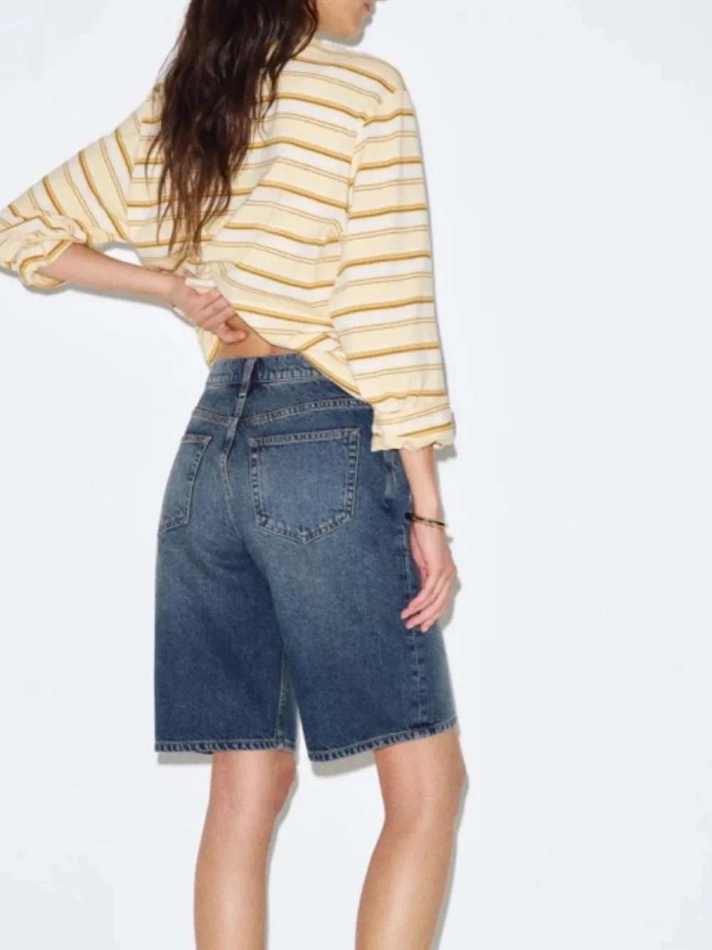 Low Rise Reformation Dark Blue Long Denim Shorts